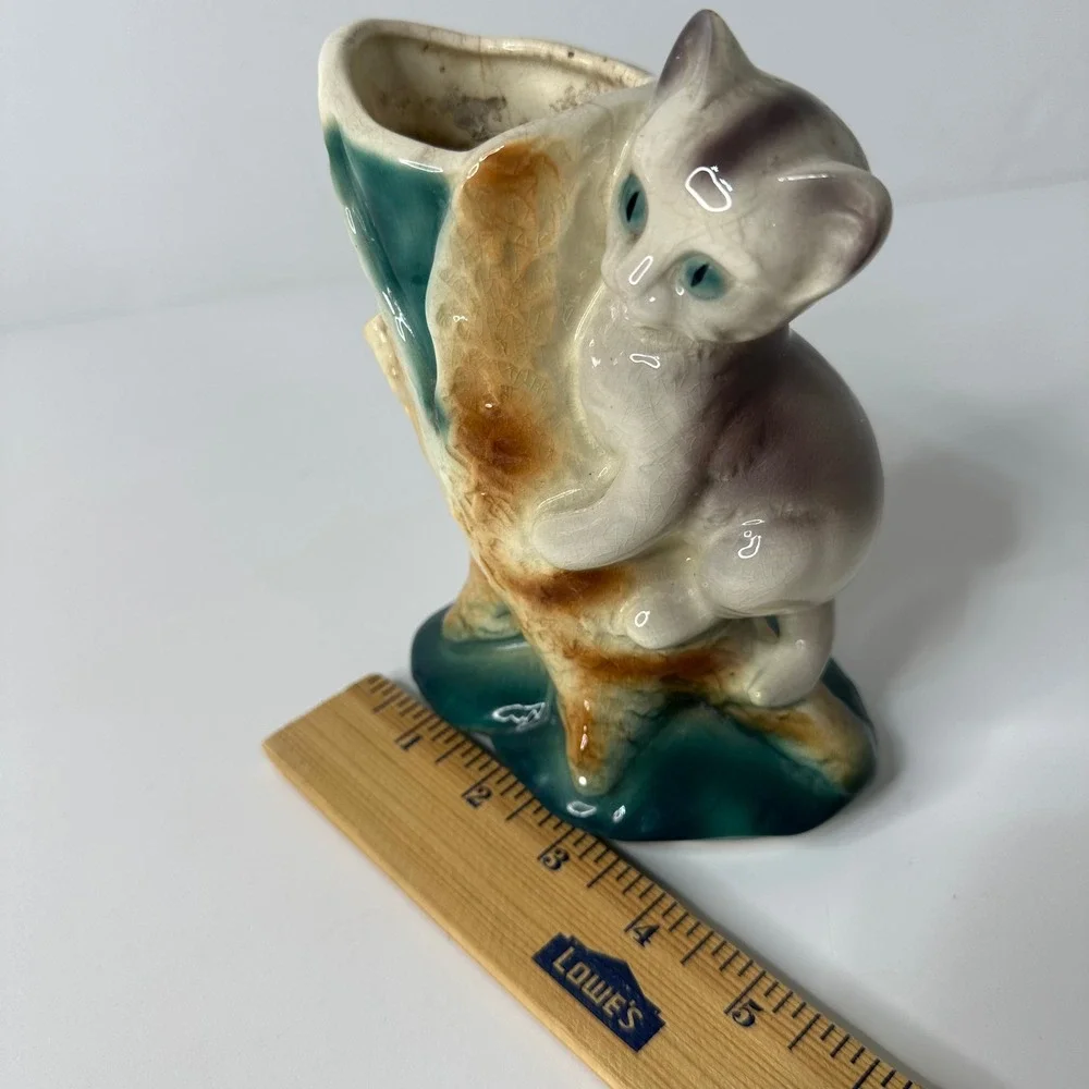 Vintage Ceramic Kitten‎ Cat Tree Stump Planter Vase Hand Painted Royal Copley?